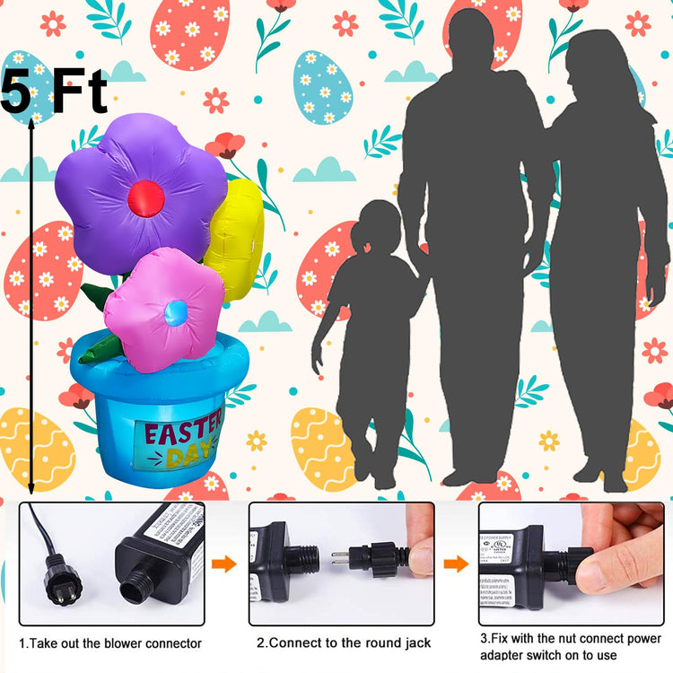 5 Ft Easter Inflatables Flower Replaceable Velcro Label Decorations Build-in LEDs for Holiday Garden Indoor Outdoor Easter Blow Up Yard Decorations