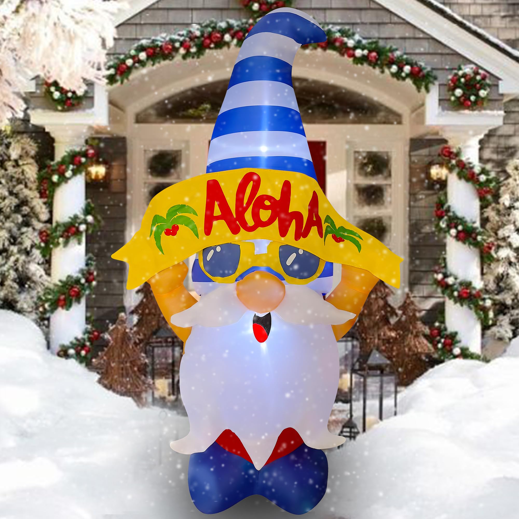 4 FT Inflatable Christmas Hawaiian Gnome with Banner Decoration LED Li