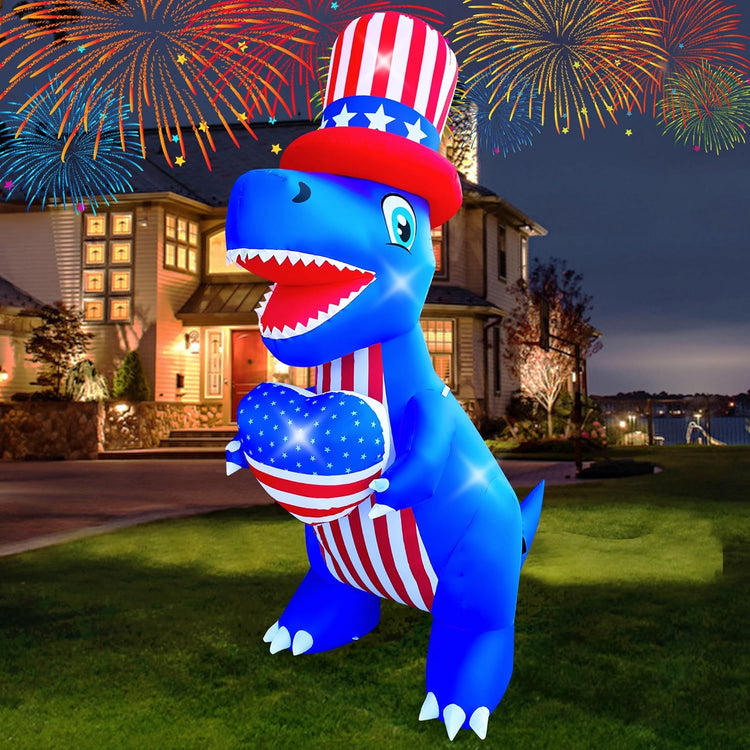 8 Ft Independence Day Inflatable Dinosaur with Heart Decorations LED Light Blow Up Patriotic 4th of July Day Decor for Lawn Yard Garden Home Outdoor Indoor