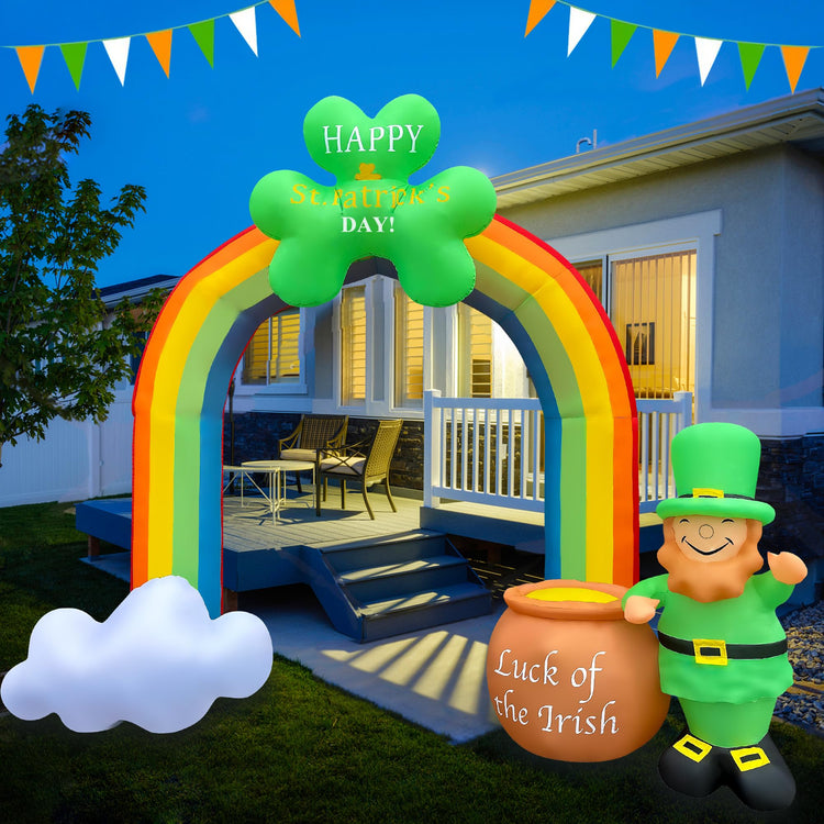 8 FT St Patricks Day Inflatable Rainbow Archway with Pot Decoration Blow Up Leprechaun LED Lighted for Indoor Outdoor Holiday Art Decor