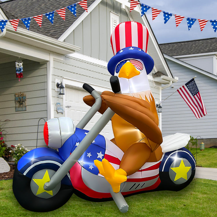 6 FT Patriotic Independence Day 4th of July Inflatables, Eagle Sitting on Motorcycle Blow up Yard Decorations Build-in LED Lights for Party Lawn Decor