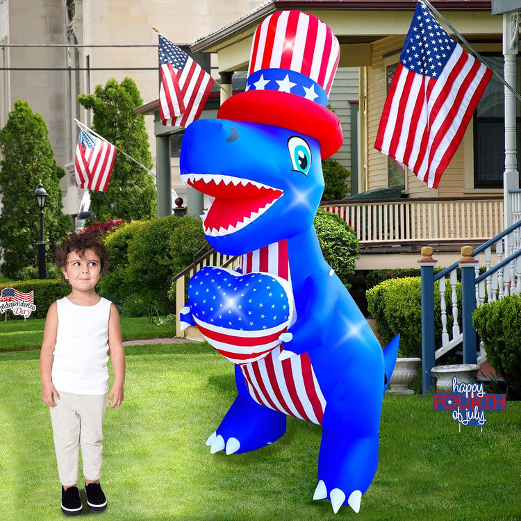 8 Ft Independence Day Inflatable Dinosaur with Heart Decorations LED Light Blow Up Patriotic 4th of July Day Decor for Lawn Yard Garden Home Outdoor Indoor