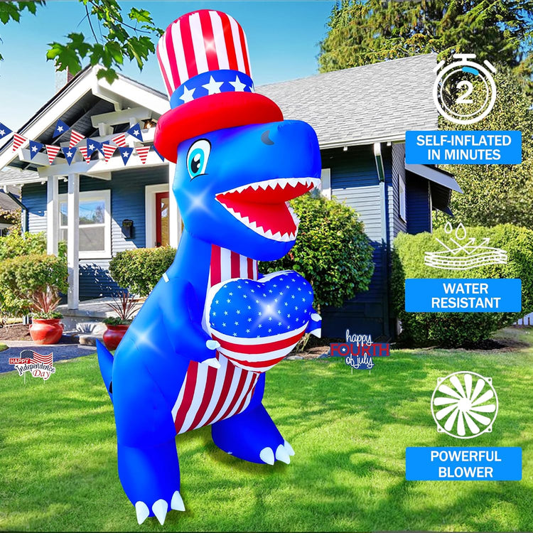 8 Ft Independence Day Inflatable Dinosaur with Heart Decorations LED Light Blow Up Patriotic 4th of July Day Decor for Lawn Yard Garden Home Outdoor Indoor