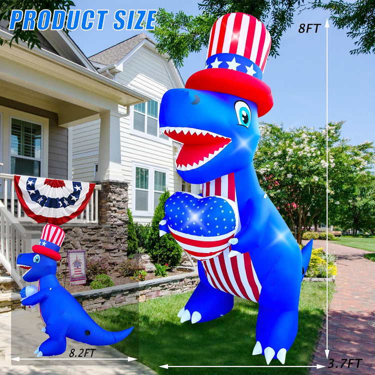 8 Ft Independence Day Inflatable Dinosaur with Heart Decorations LED Light Blow Up Patriotic 4th of July Day Decor for Lawn Yard Garden Home Outdoor Indoor