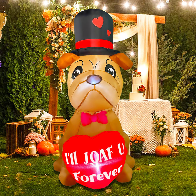 4 Ft Valentine's Day Inflatable Bulldog with Heart Light Up Decoration Blow Up Shar Pei Dog for Birthday Wedding Anniversary Party Decor