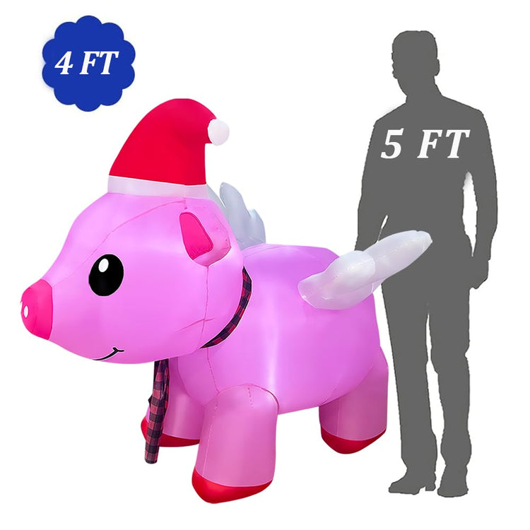 4ft Inflatable Christmas Flying Pink Piggy Decoration, LED Lighted Blow Up Decor Indoor Outdoor Holiday Art Decor Decorations