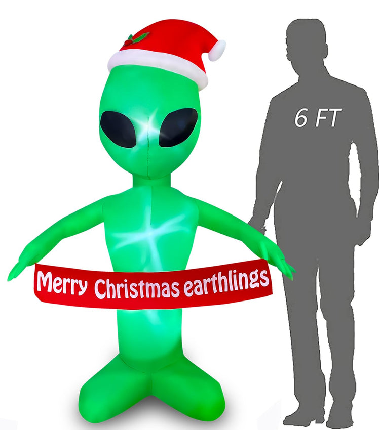 6 FT Christmas Inflatable Alien with Merry Christmas Earthlings Banner Decorations LED Lighted Xmas Blow Up for Party Indoor Outdoor Garden Yard Decor