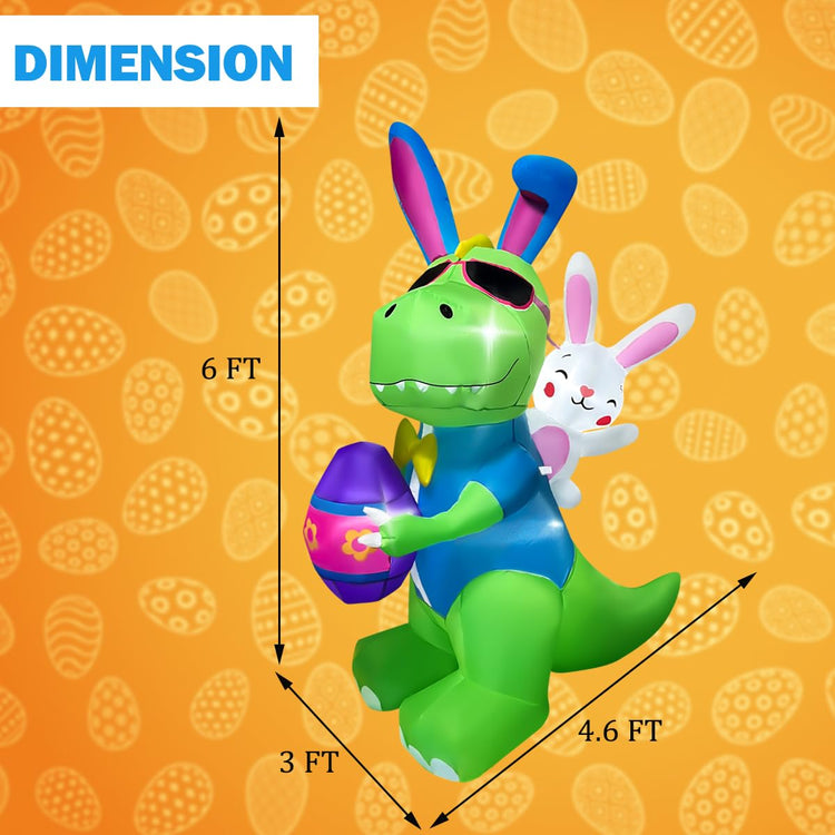 6FT Easter Inflatable Dinosaur with Egg & Bunny Decoration Build-in LED Blow Up for Indoor Outdoor Holiday Party Art Decor