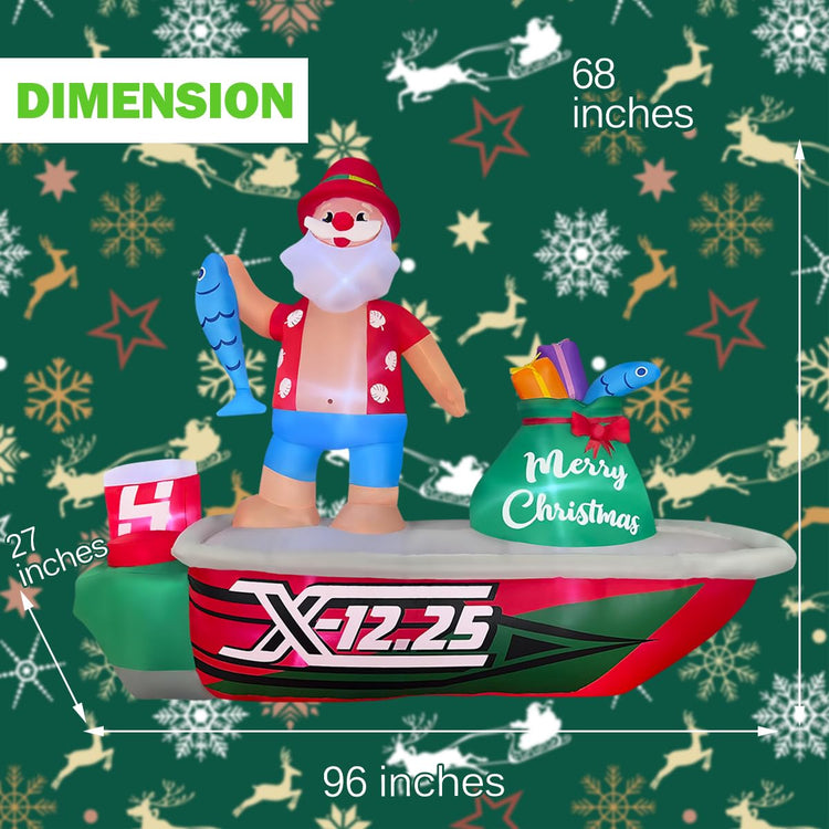 8ft Inflatable Christmas Santa Claus on a Fishing Boat Lighted Blow Up Decortion, LED Blow Up Lighted Decor Indoor Outdoor Holiday Decor