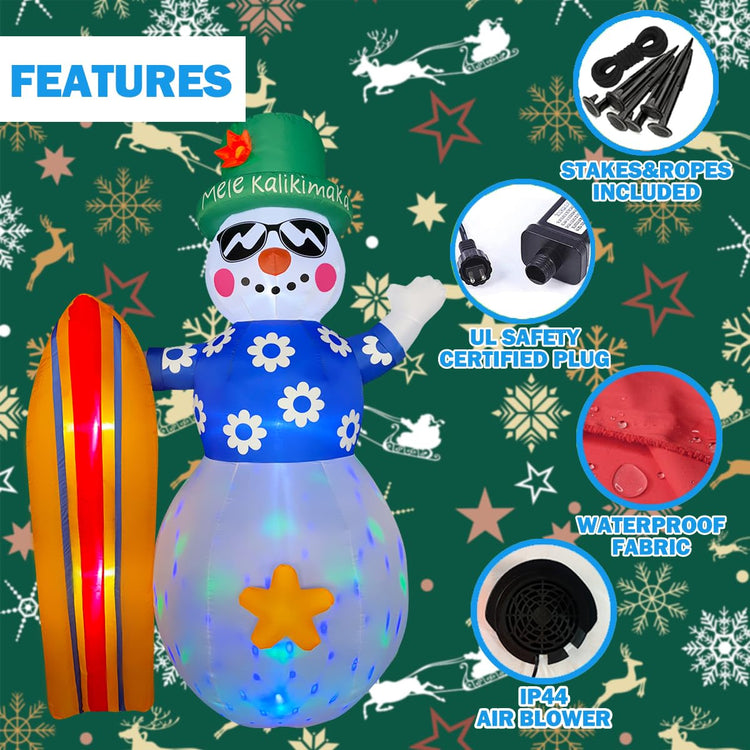 8ft Christmas Decoration Inflatable Summer Hawaii Snowman with Surfboard LED Blow Up Lighted Decor Indoor Outdoor Holiday Art Decor Decorations