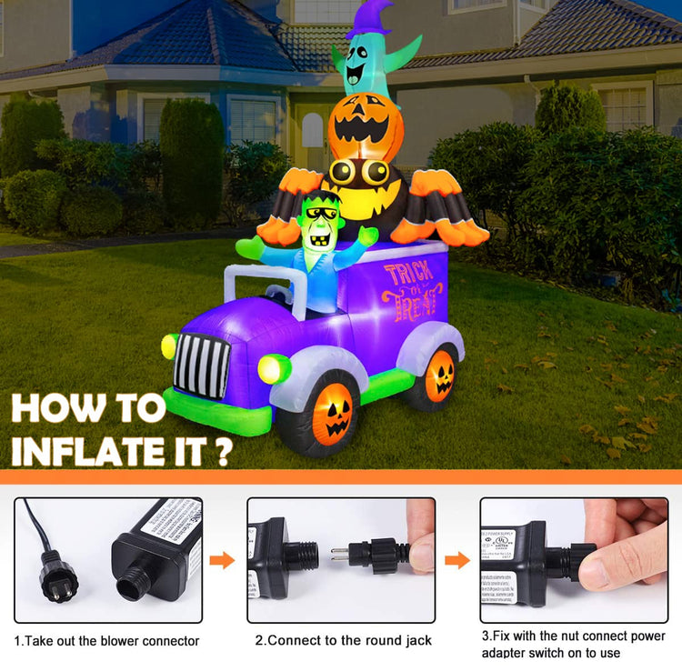 8ft Halloween Inflatable Horror Frankenstein Driving A Car with Spider, Pumpkin and Ghost, LED Blow Up Lighted Decor