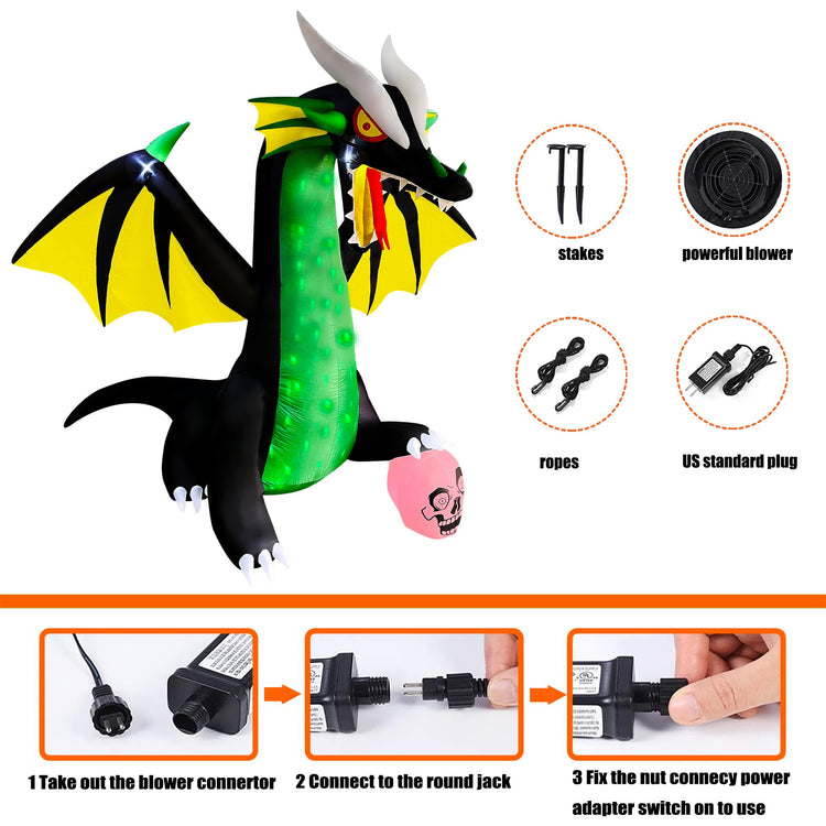 8 FT Halloween Inflatable Dragon Flash LED Lighted Blow Up Decoration