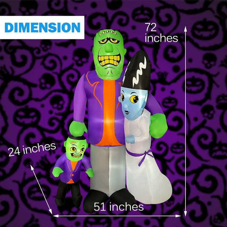 6ft Halloween Inflatable Frankenstein Monster, Bride, and Son Family, LED Blow Up Lighted Decor