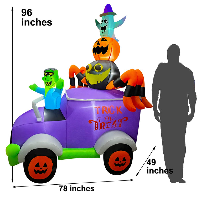 8ft Halloween Inflatable Horror Frankenstein Driving A Car with Spider, Pumpkin and Ghost, LED Blow Up Lighted Decor