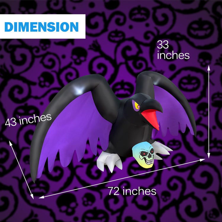 6 Ft Length Halloween Inflatable Crow with RGB Lighted Skeleton, LED Blow Up Lighted Decor