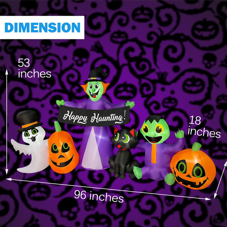 8ft Length Halloween Inflatable Witch, Ghost, Frankenstein Baby, Black Cat with Pumpkin Decoration