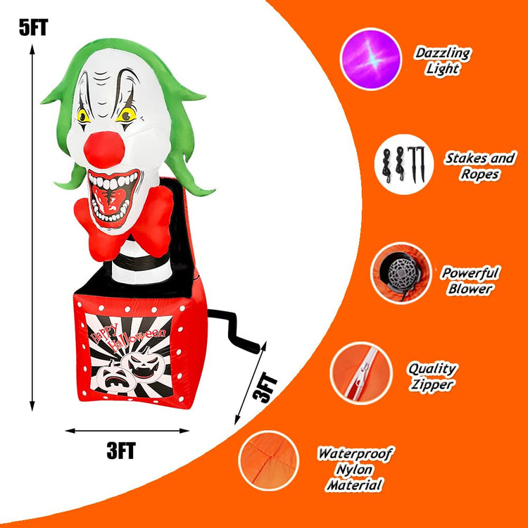 5 FT Halloween Inflatable Clown in The Box LED Lighted