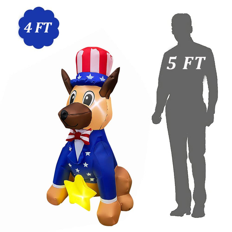 4 FT Patriotic Independence Day Inflatable Dog 4th of July Blow Up Yard Decorations