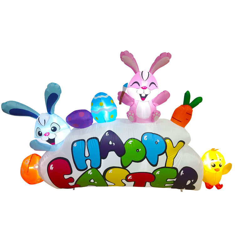 8FT Long Easter Inflatable Bunny Decorations Happy Easter Sign with Build-in LEDs Decor for Lawn Yard Garden Indoor Outdoor Home Holiday