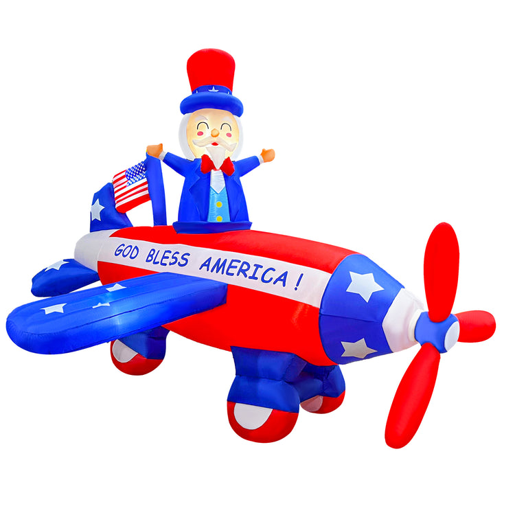 8FT Independence Day Inflatable Uncle Sam Flying Airplane & Airplane Propellers Spin Decoration Patriotic 4th of July for Home Yard Lawn Garden Indoor Outdoor Decoration
