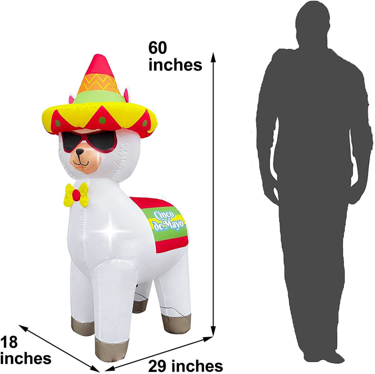 5ft Cinco De Mayo Day Inflatable Cute Alpaca with Taco Sombreros Decoration, LED Blow Up Lighted Decor Indoor Outdoor Holiday Art Decor