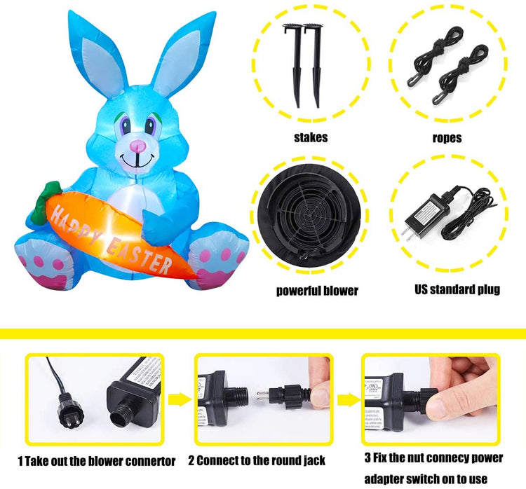 4 FT LED Light Up Inflatable Easter Cute Bunny Rabbit with Carrot Decoration
