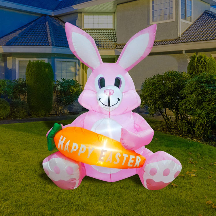 4ft Inflatable Easter Decoration Cute Pink Bunny Holding Carrot Happy Easter LED Blow Up Lighted Decor