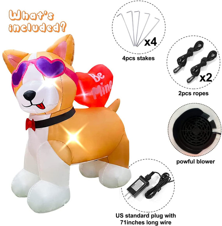5ft Inflatable Valentine Cute Corgi Decoration, LED Blow Up Lighted Decor