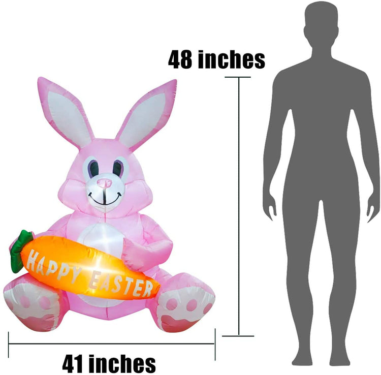4ft Inflatable Easter Decoration Cute Pink Bunny Holding Carrot Happy Easter LED Blow Up Lighted Decor