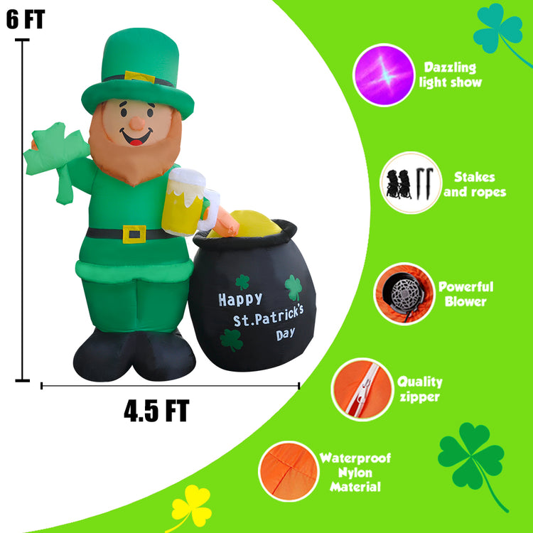 6Ft Seasonblow Inflatable St. Patrick holding beer bottle and purse.