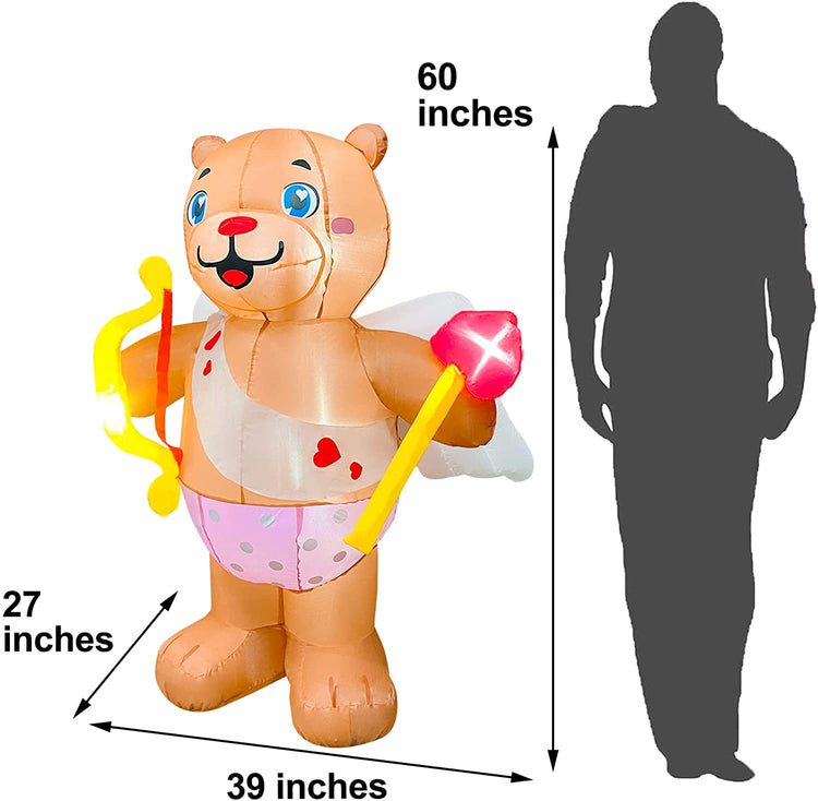 5ft Inflatable Valentine Angel Bear Decoration, LED Blow Up Lighted Decor