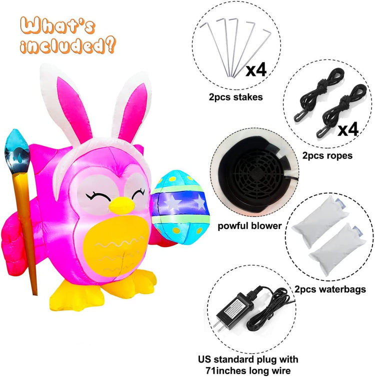 5ft Inflatable Easter Cute Owl Painting Egg Decoration LED Blow Up Lighted Decor