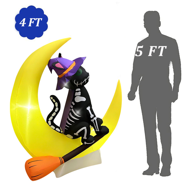 4 FT Halloween Inflatables Hanging Black Cat Sitting on The Moon Decoration, Blow Up Yard Decor with LED Lights Built-in for Party Indoor Outdoor Holiday Decorations
