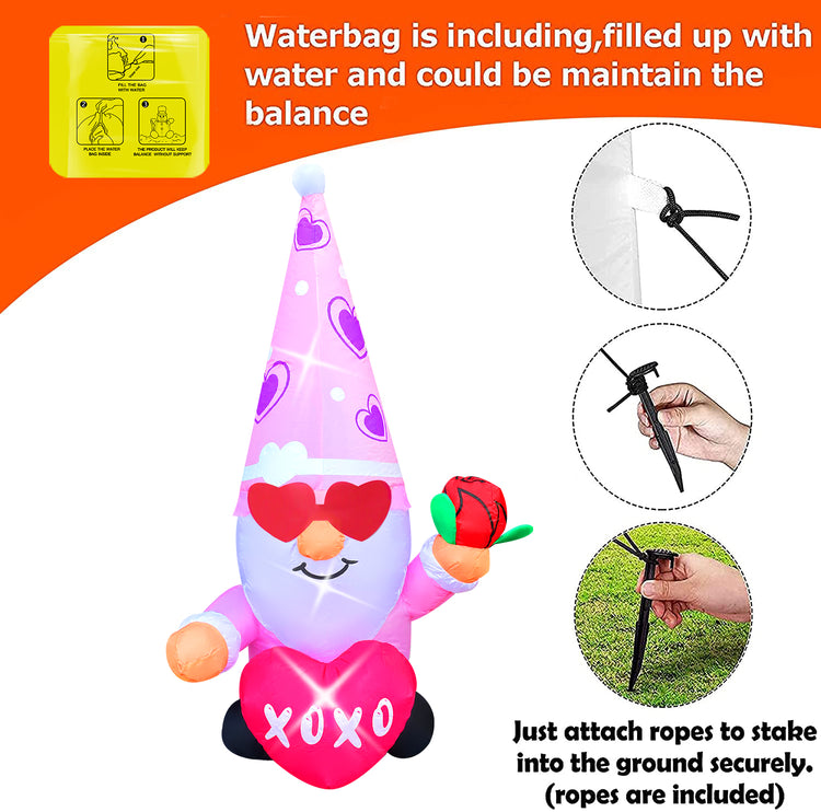 4 Ft Valentine's Day Inflatable Pink Gnome with Rose Light Up Decoration