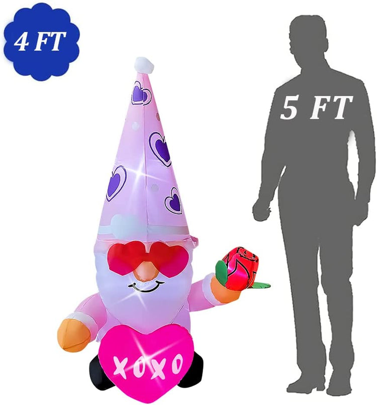 4 Ft Valentine's Day Inflatable Pink Gnome with Rose Light Up Decoration
