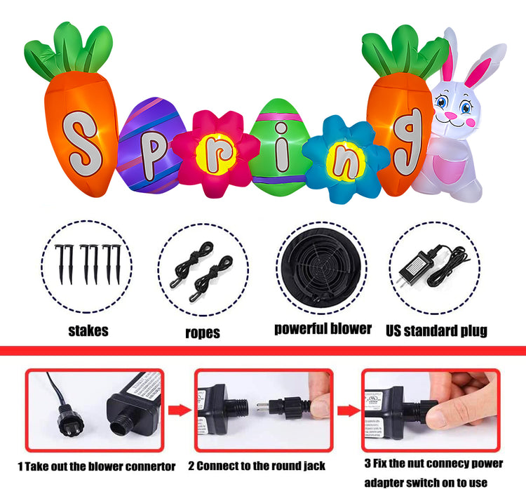 9 Ft Long Inflatable Easter Bunny with Spring Sign Decoration Build-in LED Blow Up Carrot and Eggs for Home Yard Lawn Garden Indoor Outdoor
