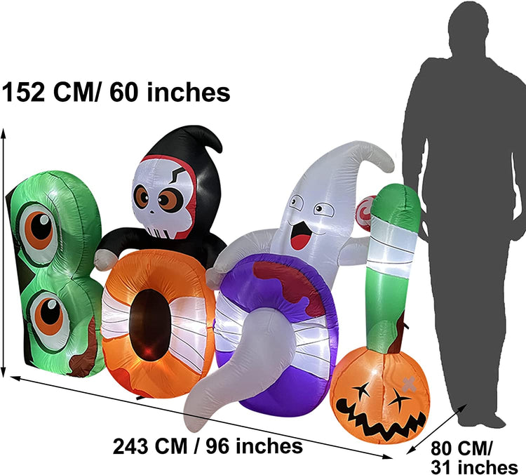 8ft Long Halloween Inflatable Decoration Boo with Skeleton, Ghost and Pumpkin LED Blow Up Lighted Decor Indoor Outdoor Holiday Art Decor Decorations