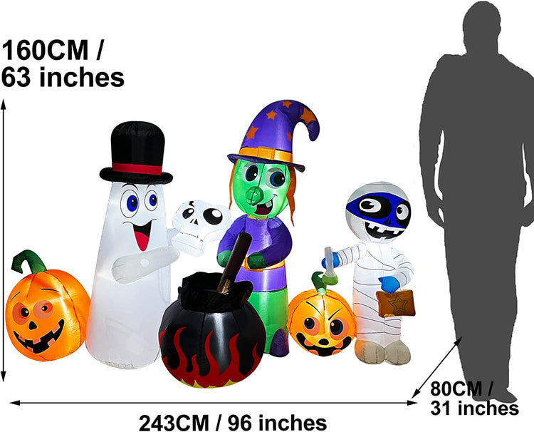 8ft Long Halloween Inflatable Decoration Witch, Ghost, Mummy with Pumpkin LED Blow Up Lighted Decor Indoor Outdoor Holiday Art Decor Decorations