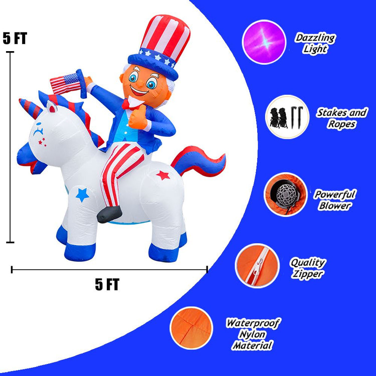 5Ft SeasonBlow Inflatable Independence Day Uncle Sam Rides A Unicorn.
