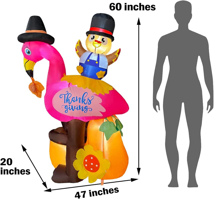 5Ft Thanksgiving Inflatable Flamingo with Turkey Decoration, LED Blow Up Lighted Decor Indoor Outdoor Holiday Art Decor Decorations