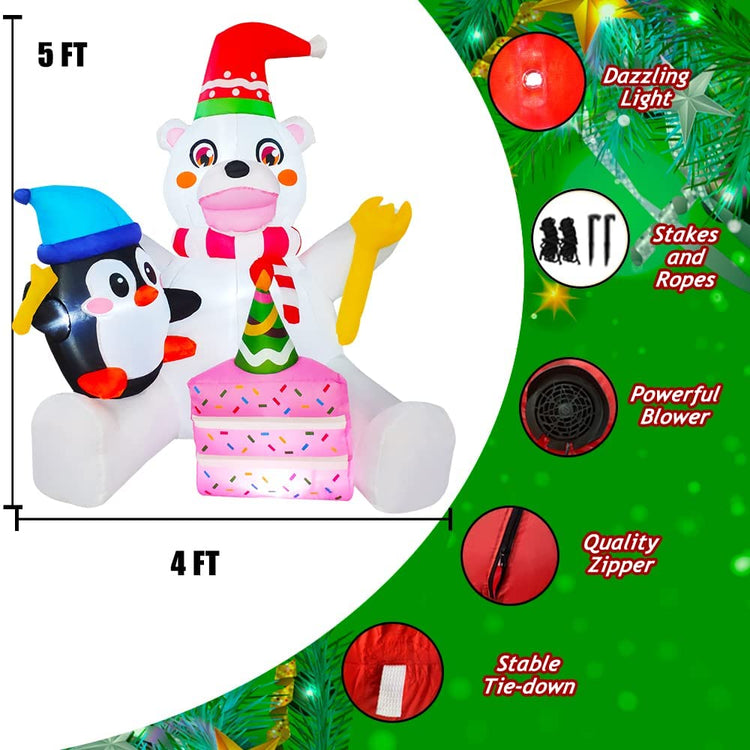 5ft Seasonblow Inflatable Christmas Polar Bear with Penguin Eat Cake Decoration