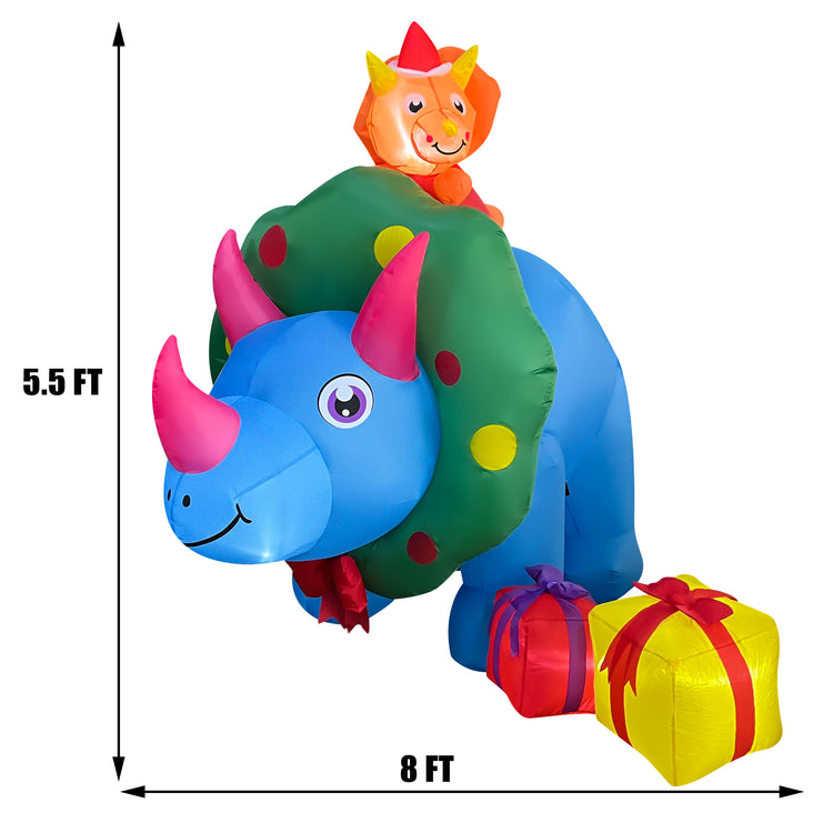 8FT Length Christmas Inflatables Triceratops Dinosaur with 2 Gift Wrapped Boxes Decoration LED Lighted Xmas Blow Up Rhino Family for Holiday Christmas Party Yard Garden
