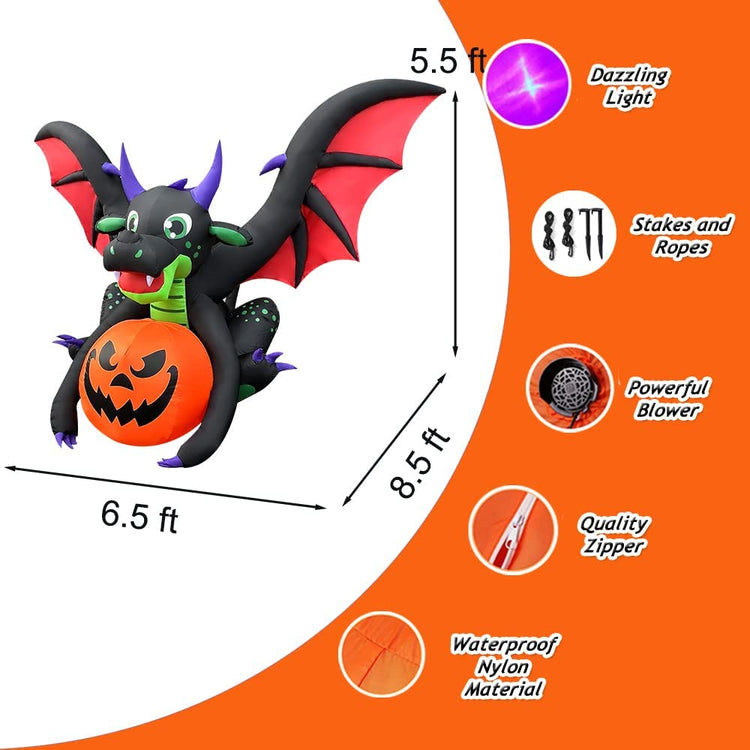 8.5 Ft Halloween Inflatables Dragon with Pumpkin Blow up Spooky Black Dragon Holiday Lighted Decoration for Indoor Outdoor & Yard Garden Lawn