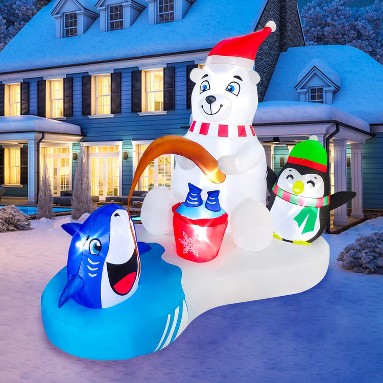 6ft Length Christmas Inflatable White Bear Penguin Fishing Decoration, LED Blow Up Lighted Decor
