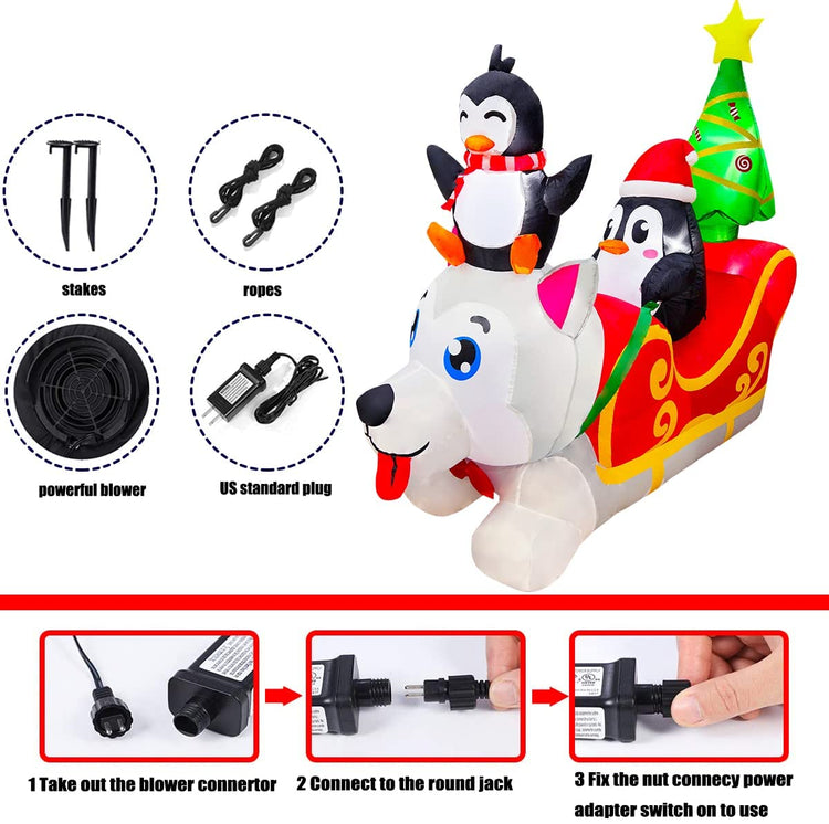 5 ft Inflatable Christmas Dog Sledding with Penguin and Christmas Tree for Garden Lawn Party Decor