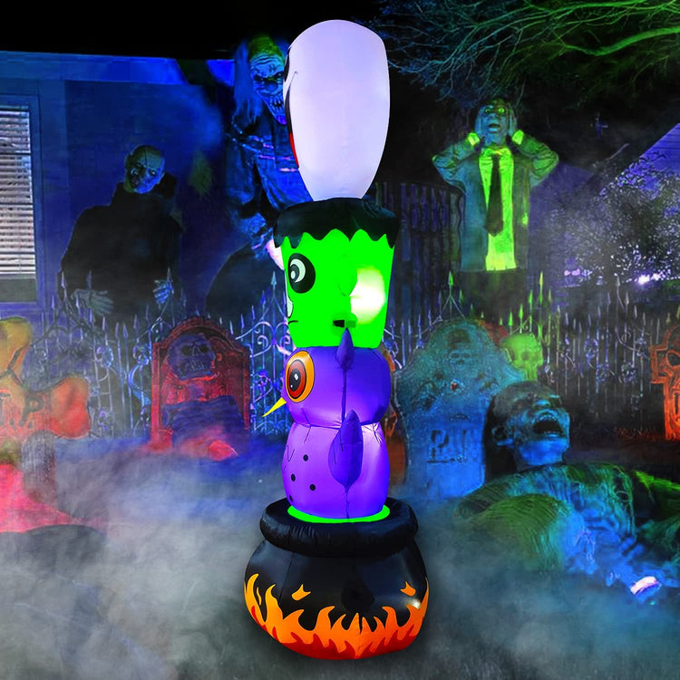 6 FT Seasonblow Halloween Inflatable Totem Pole with Ghost Frankenstein Monster Owl Cauldron Stacked Figures RGB LED Lighted Blow Up Decoration