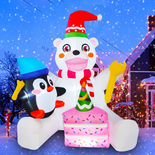 5ft Seasonblow Inflatable Christmas Polar Bear with Penguin Eat Cake Decoration