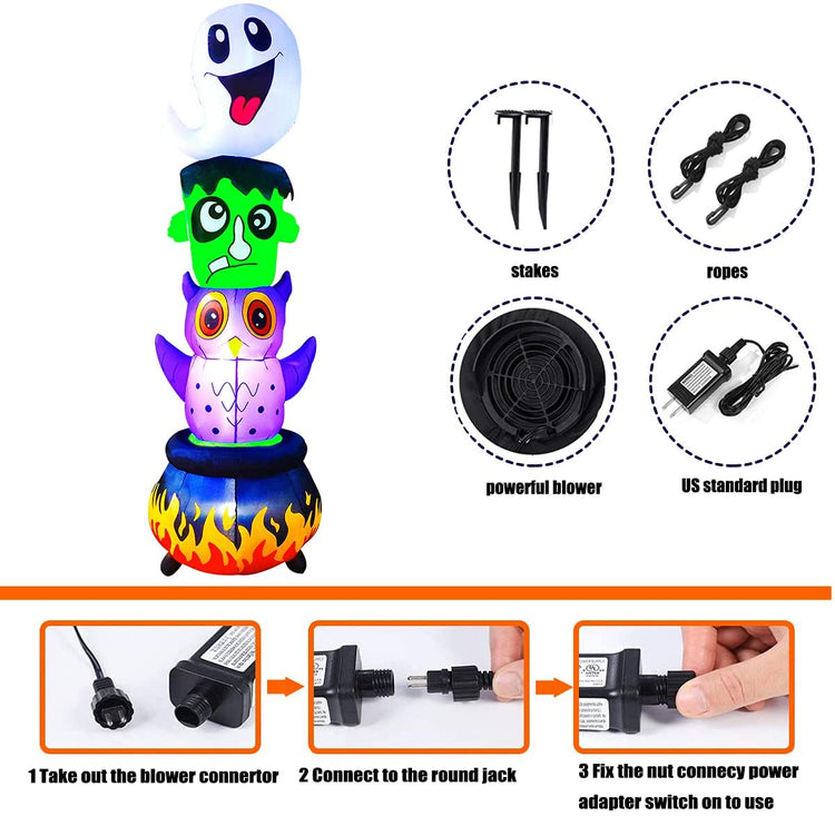 6 FT Seasonblow Halloween Inflatable Totem Pole with Ghost Frankenstein Monster Owl Cauldron Stacked Figures RGB LED Lighted Blow Up Decoration