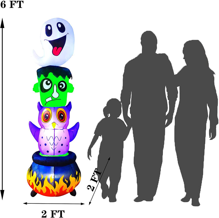 6 FT Seasonblow Halloween Inflatable Totem Pole with Ghost Frankenstein Monster Owl Cauldron Stacked Figures RGB LED Lighted Blow Up Decoration