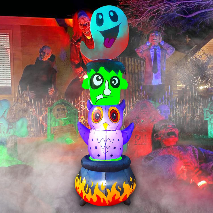6 FT Seasonblow Halloween Inflatable Totem Pole with Ghost Frankenstein Monster Owl Cauldron Stacked Figures RGB LED Lighted Blow Up Decoration